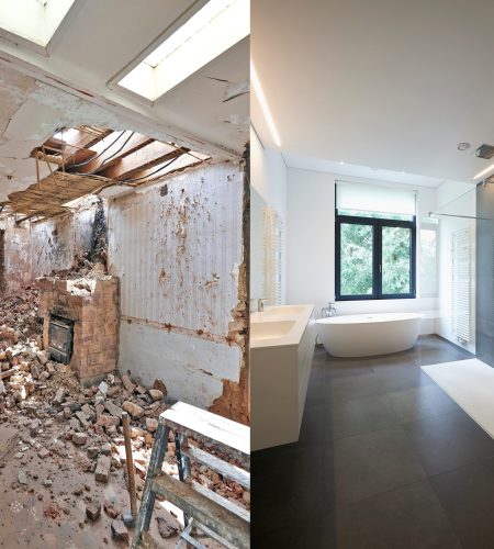 Renovation of a bathroom Before and after in horizontal format